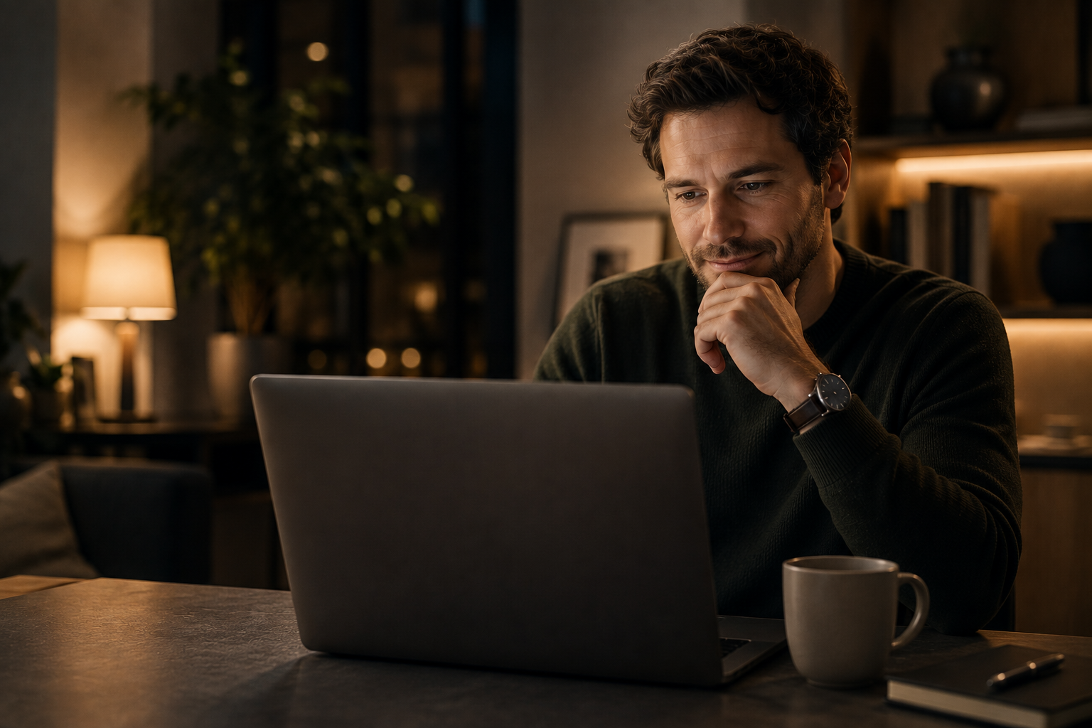 A customer at home in the evening, thoughtfully searching for a business like yours on their laptop