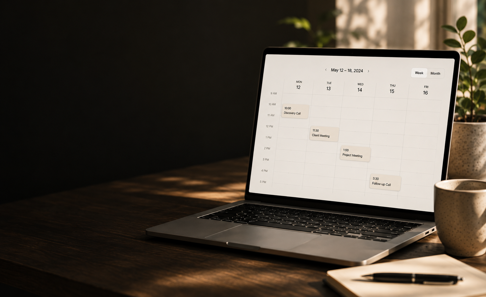 A laptop on a warm wooden desk showing a week's calendar filling with client bookings — a discovery call, client meeting, project meeting and follow-up call — beside a plant, mug and notebook