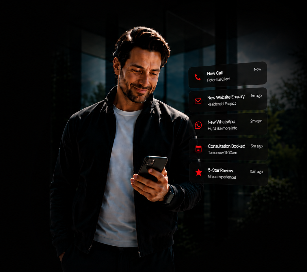 A business owner smiling at a phone showing a stream of new lead notifications: a new call, website enquiry, WhatsApp message, booked consultation and a 5-star review