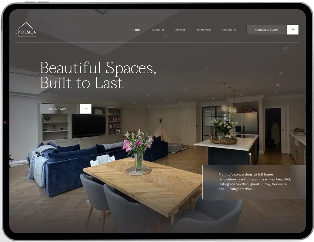 JP Design's new website, a confident full-bleed homepage built around their work