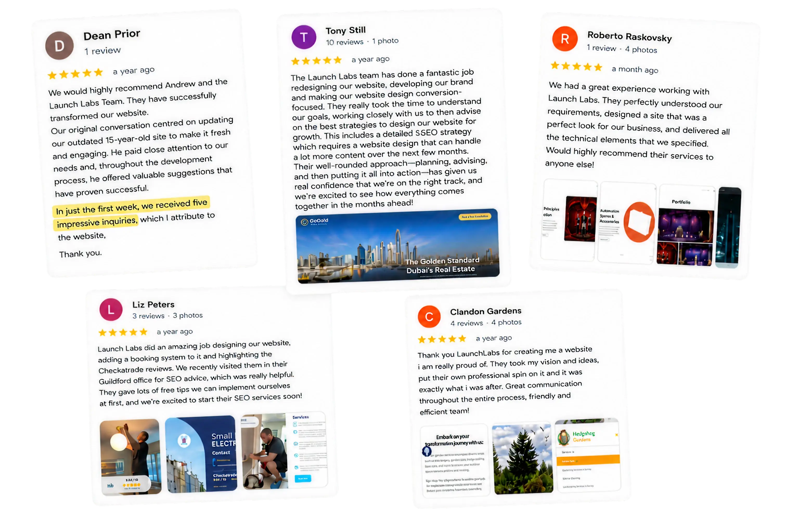 A collage of five-star Google reviews from Launch Labs clients